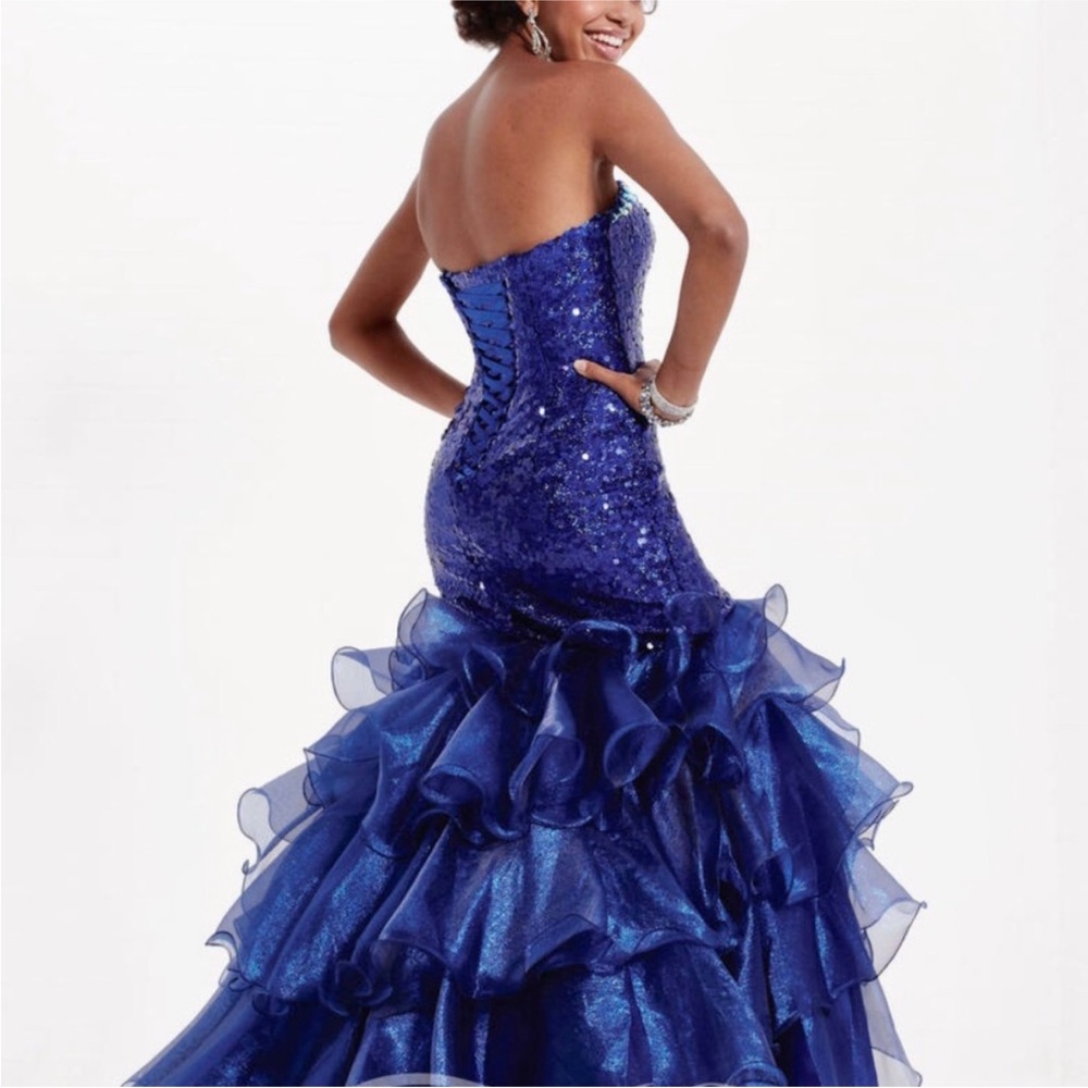 🔴CLEARANCE NEW TIFFANY DESIGNS SZ 2 ROYAL BLUE SEQUIN BEAD CORSET HIGH LOW GOWN - Picture 13 of 13